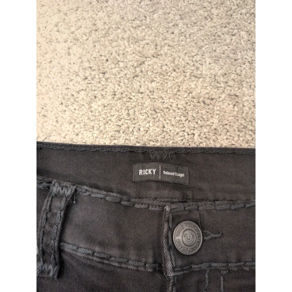 True Religion Ricky Relaxed Straight Black Jeans Mens 44 Thick Stitch Streetwear